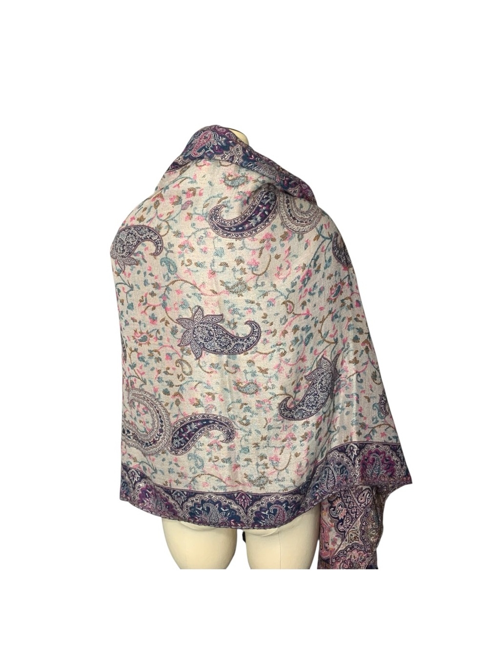 Paisley Woven Scarf Wrap Purple Cream Rectangle Fringed Shawl 28"X80" Reversible - Picture 4 of 11